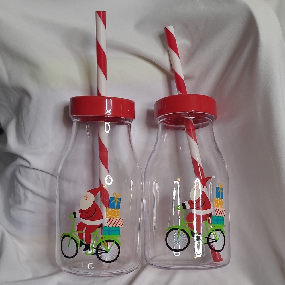 NWT! Wondershop Set of 2 Vintage Retro Milk Bottles with Santa on Bicycle